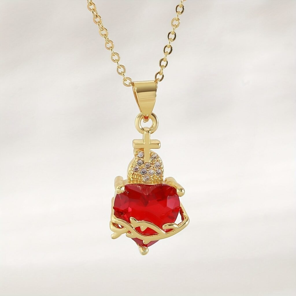 Colar Feminino Coração Sagrado com Zircônia e Cruz