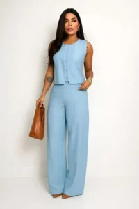 Conjunto Alfaiataria Colete e Calça Pantalona Social Azul-claro